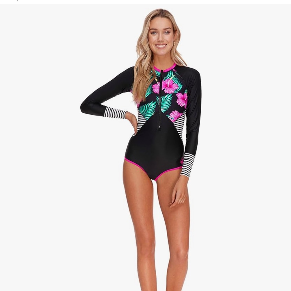 Body Glove Black Stripe Pink Floral Rash Guard Stand Up Paddle Swimsuit Size M